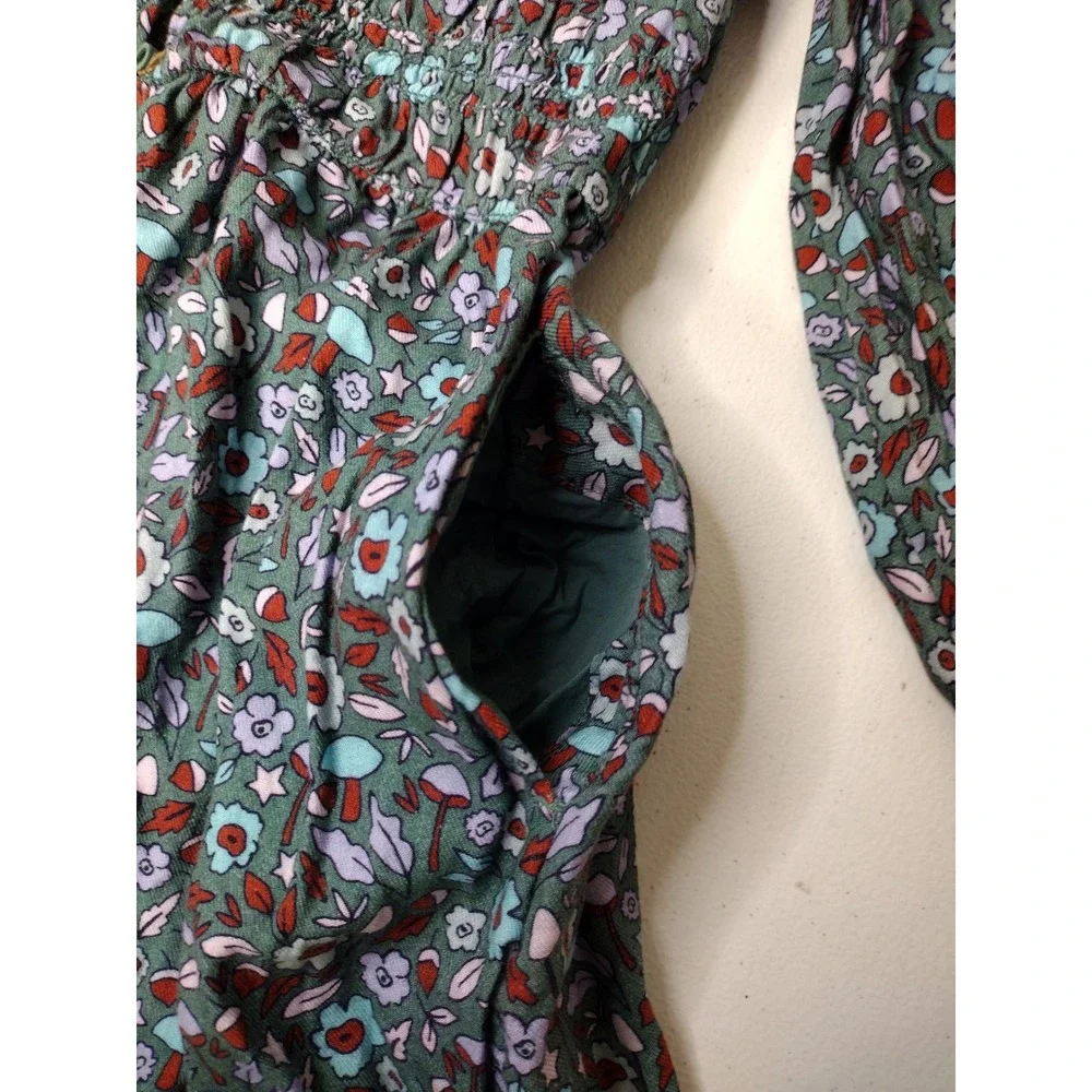 Cat & Jack Girls Green Floral Mushroom Smocked Long Sleeve Dress‎ Size S 6/7